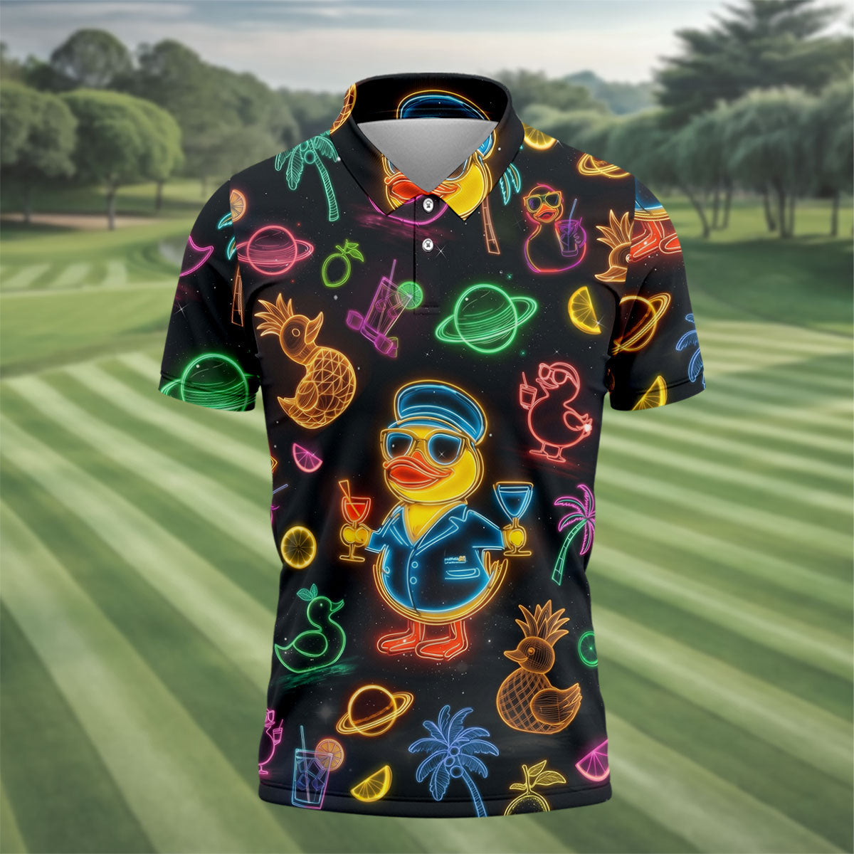 Jet Black Neon Duck Tropical Pattern Hawaiian Golf Shirt, Golf Shirts For Men, Polo Shirts For Men