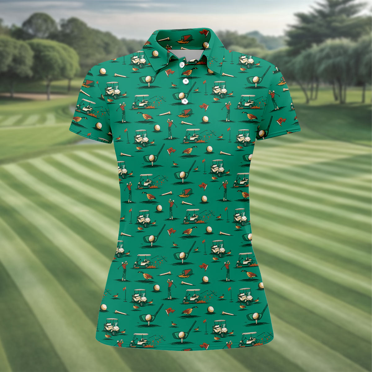 Funny Goose Golf Cart Pattern Green Polo Shirt, Womens Golf Tops, Golf Polo For Women