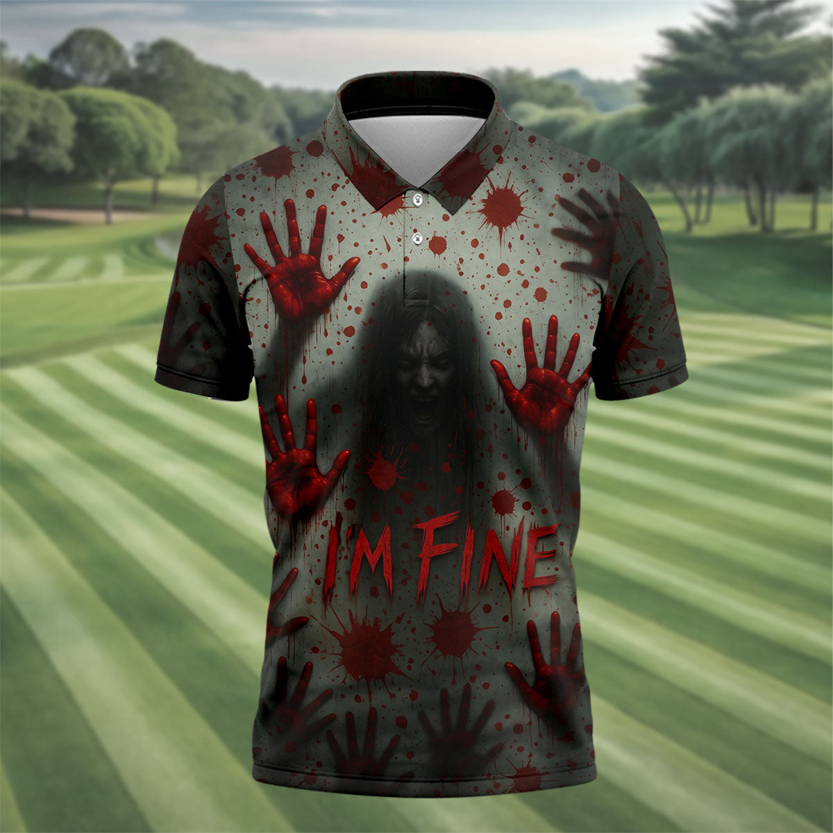 I'm Fine Horror Blood Hand Ghost Halloween Golf Polo Shirt, Printed Golf Shirts For Men