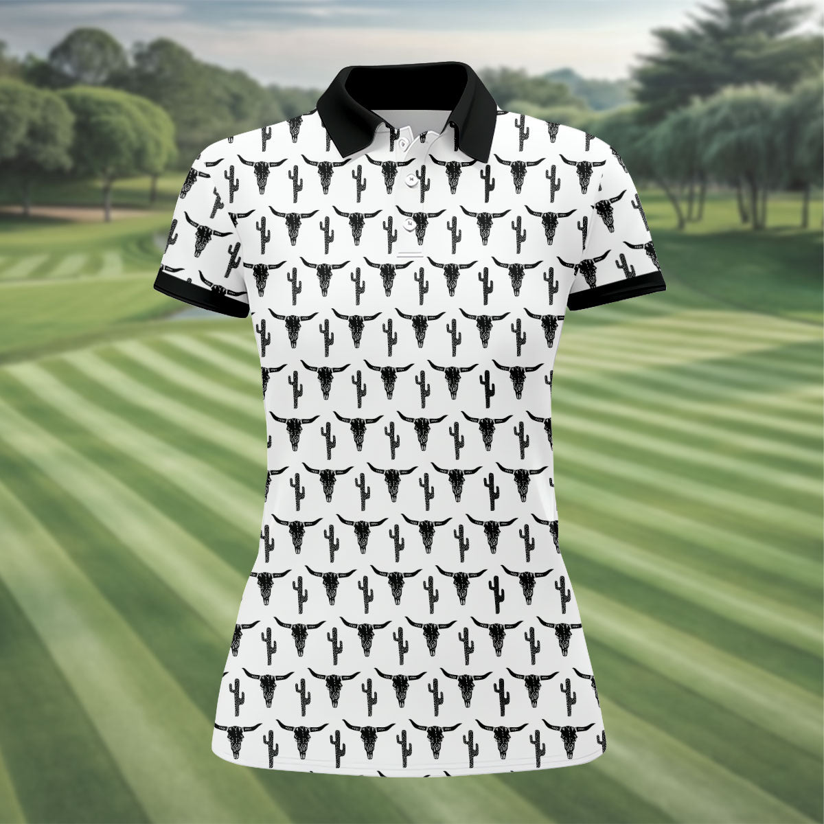 Longhorn Cow Skull Western Theme White Women Golf Top, Ladies Golf Shirts, Golf Shirt For Women