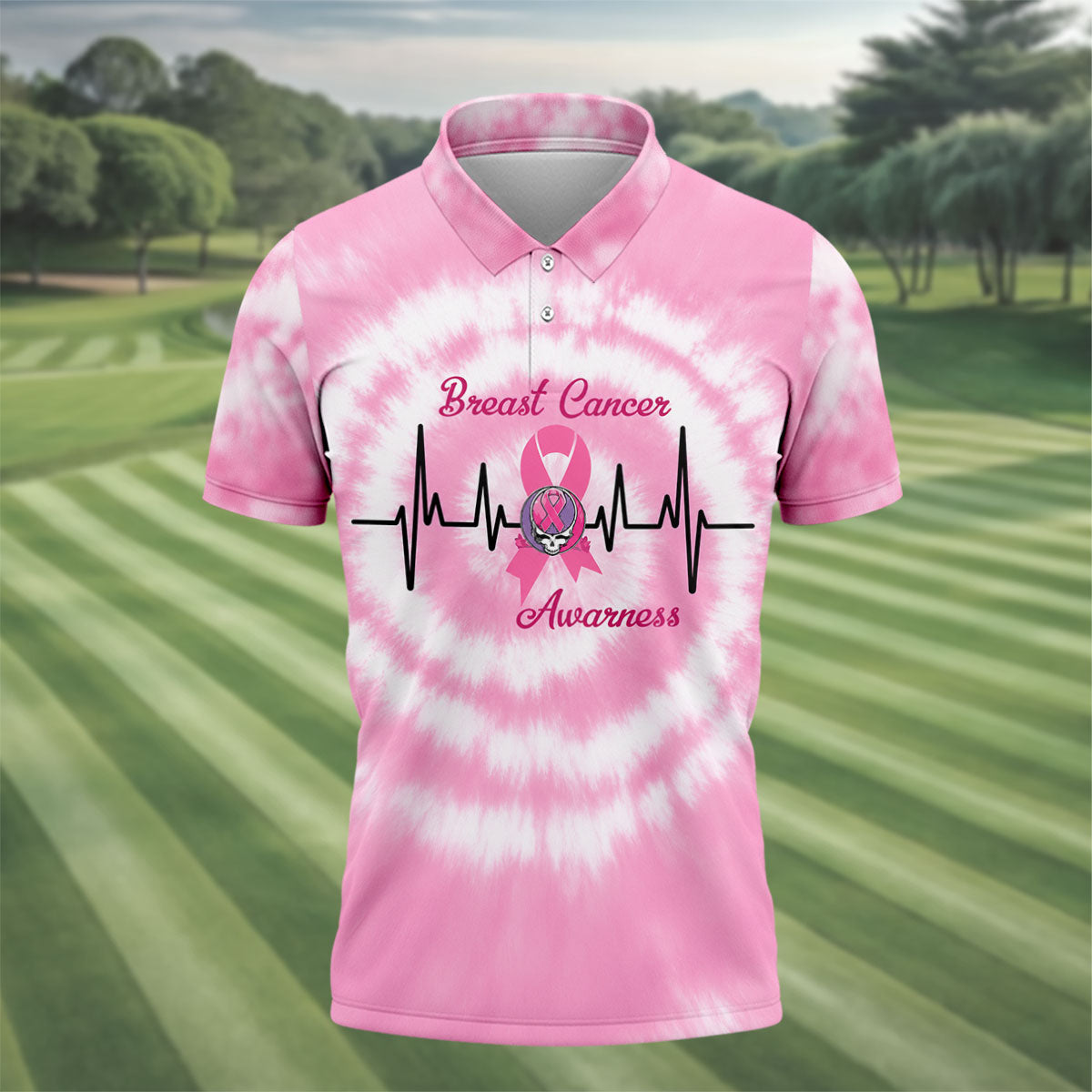 Hope For A Cure Tie Dye Skull Breast Cancer Polo Shirt, Mens Golf Polo, Printed Golf Shirts