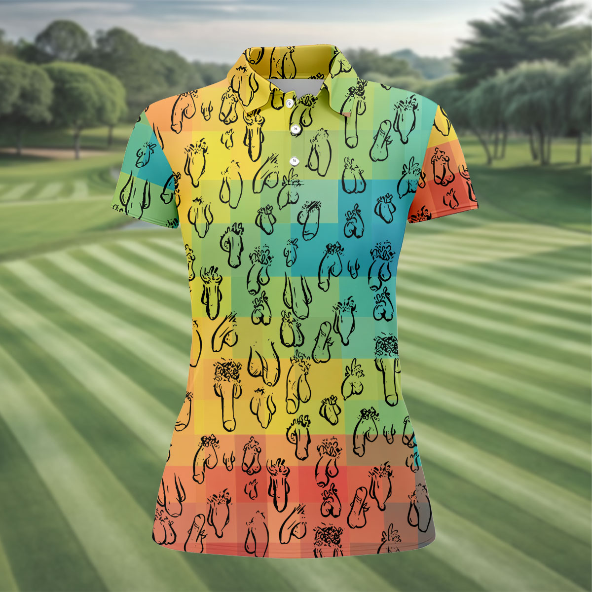 Funny Penis Doodle Color Block Golf Polo Shirt, Women's Golf Polo, Printed Golf Shirt