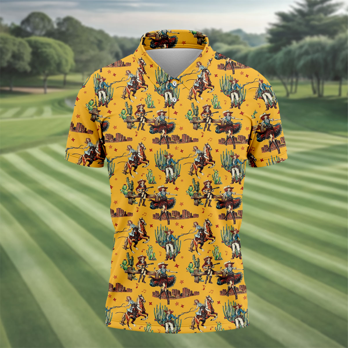 Yellow Cowboy Rodeo Desert Western Hawaiian Golf Shirt, Men's Golf Shirt, Golf Polo Shirts For Men