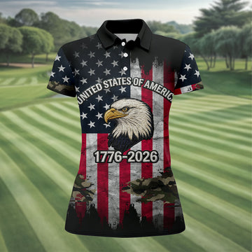 USA Bald Eagle 250 Years Camo American Flag Golf Shirt, Patriotic 4th Of July Golf Shirt For Women