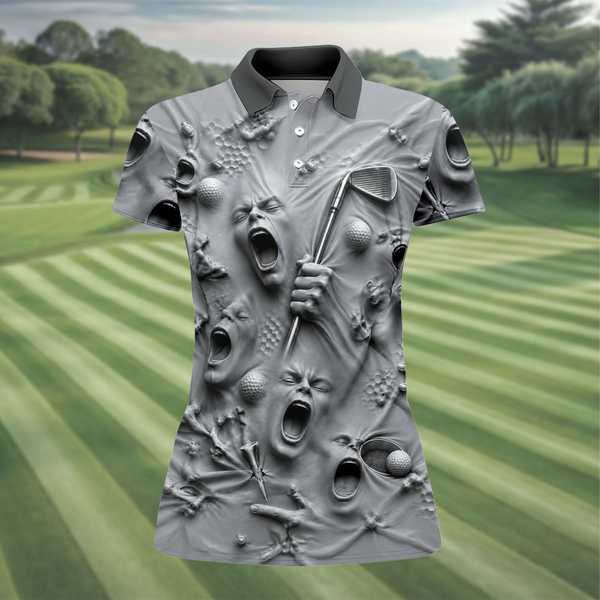 Screaming Face Halloween Golf Polo Shirt, Halloween Tops For Women, Golf Shirts For Women