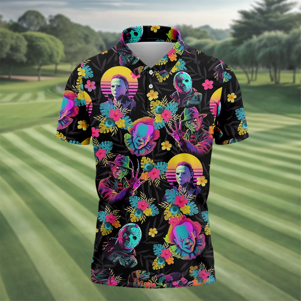 Neon Floral Halloween Horror Character Hawaiian Golf Shirt, Men's Golf Shirt, Mens Golf Polo