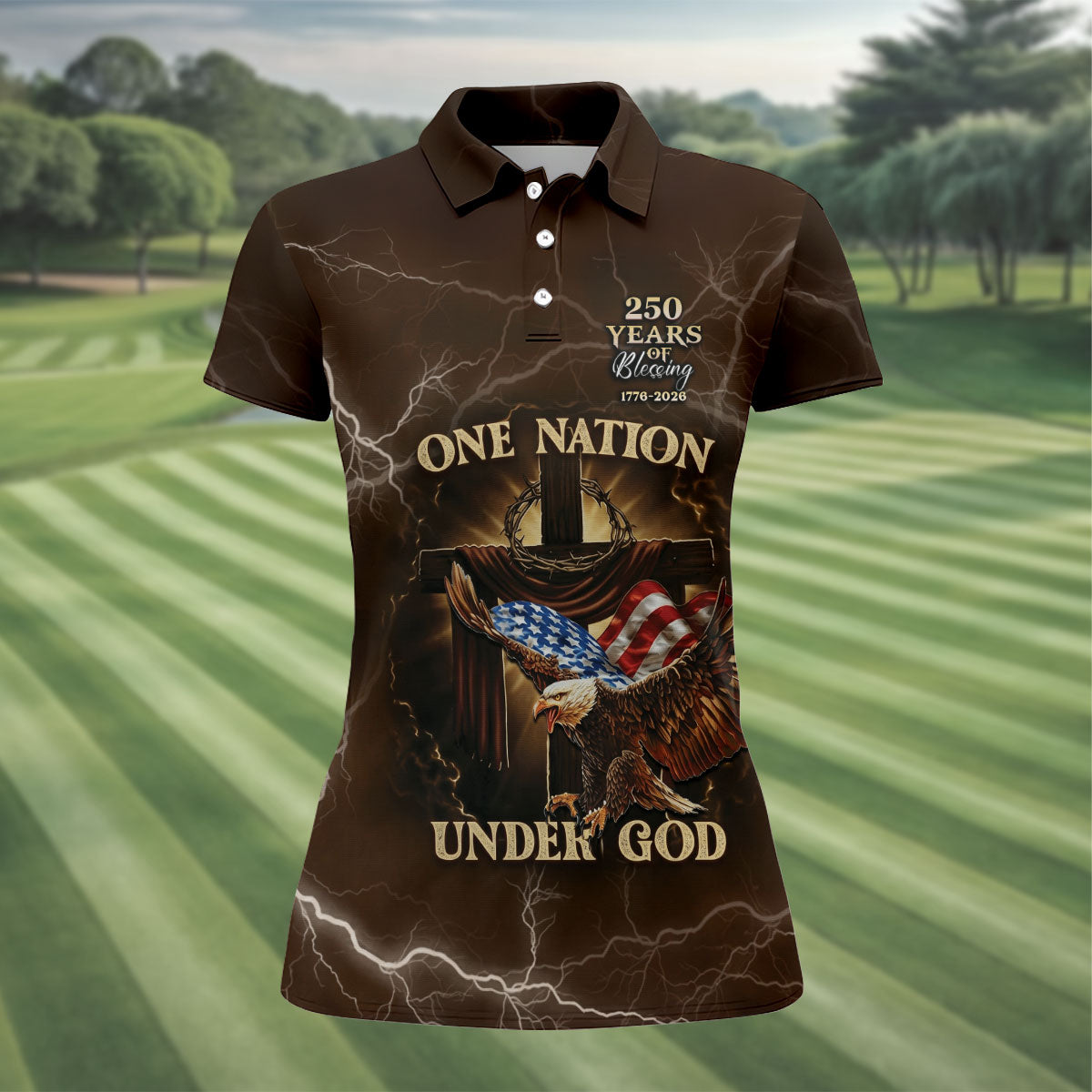 One Nation Under God 250 Years Faith Cross Patriotic Golf Shirt, 4th Of July Women's Golf Tops