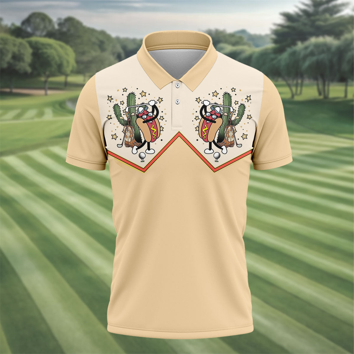 Funny Golf Hot Dog Western Polo Shirt, Mens Golf Shirts, Printed Golf Shirts