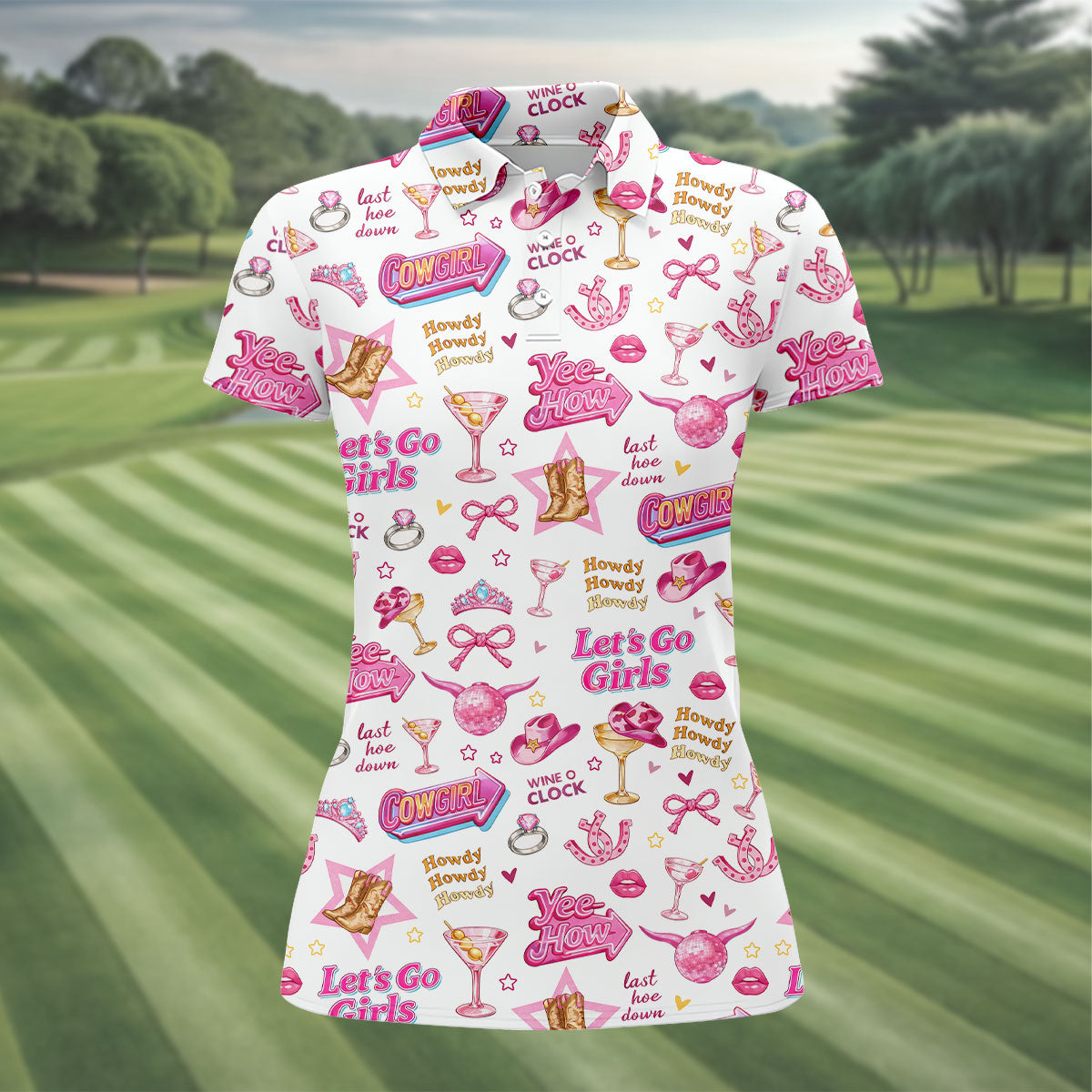 Pink Cowgirl Western Party Icons Golf Polo Shirt, Golf Shirts For Women, Ladies Golf Shirt