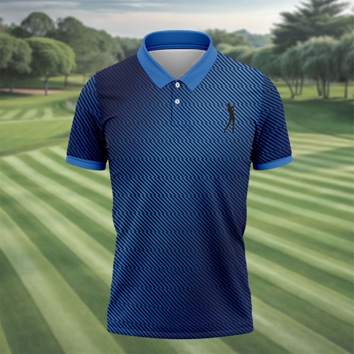 Retro Abstract Gradient Stripe Blue Lines Golf Shirt, Patriotic 4th Of July Golf Shirts For Men