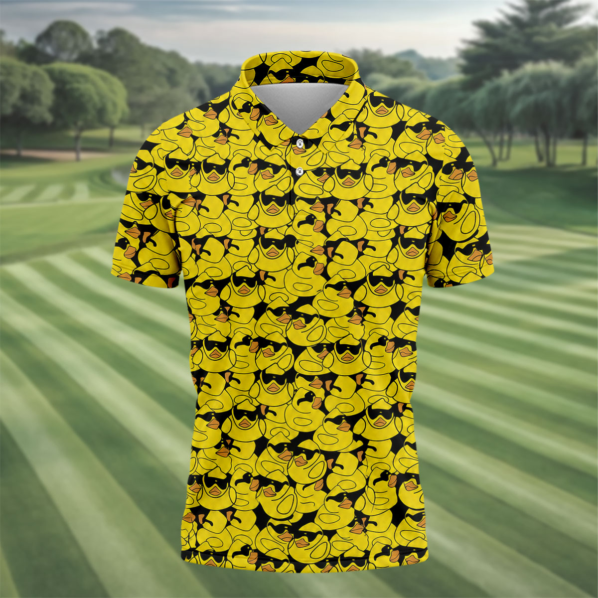 Yellow Sunglasses Rubber Duck Hawaiian Golf Shirt, Hawaiian Golf Shirt, Mens Golf Shirts, Golf Apparel For Men