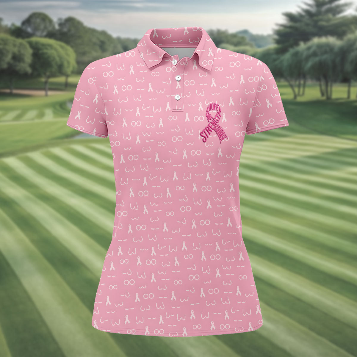 Hope Love Faith Strength Courage Breast Cancer Polo Shirt, Womens Golf Tops, Ladies Golf Top