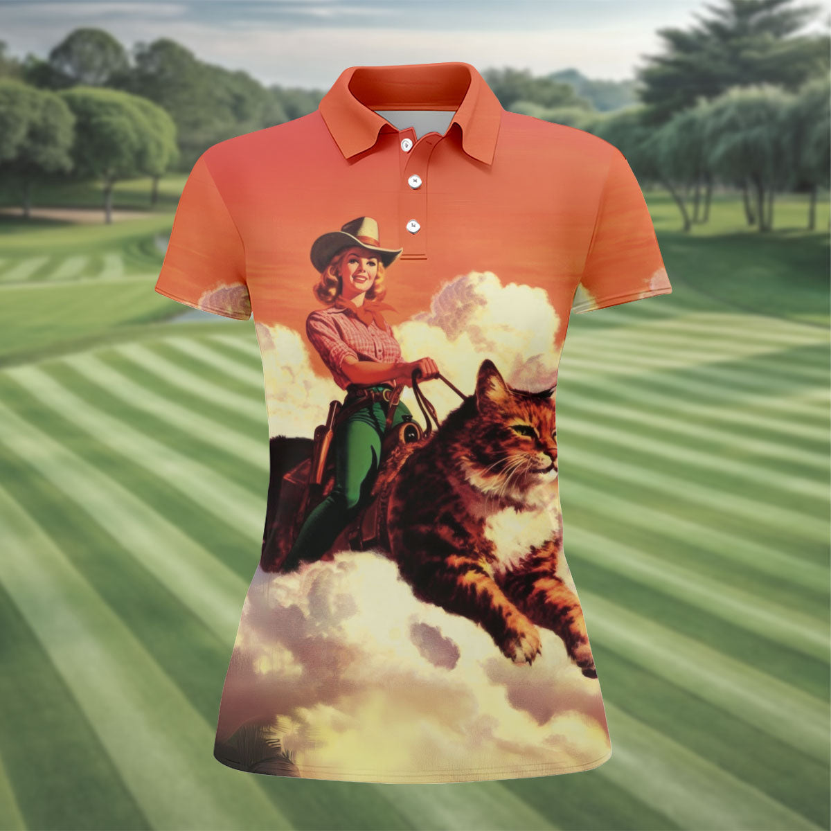 Orange Vintage Cowgirl Riding Giant Cat Golf Polo Shirt, Women's Golf Polo, Golf Shirts For Women