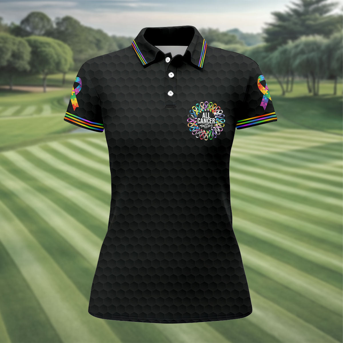 All Cancer Matters Multicolor Ribbon Golf Polo Shirt, Womens Golf Tops, Golf Shirts For Women