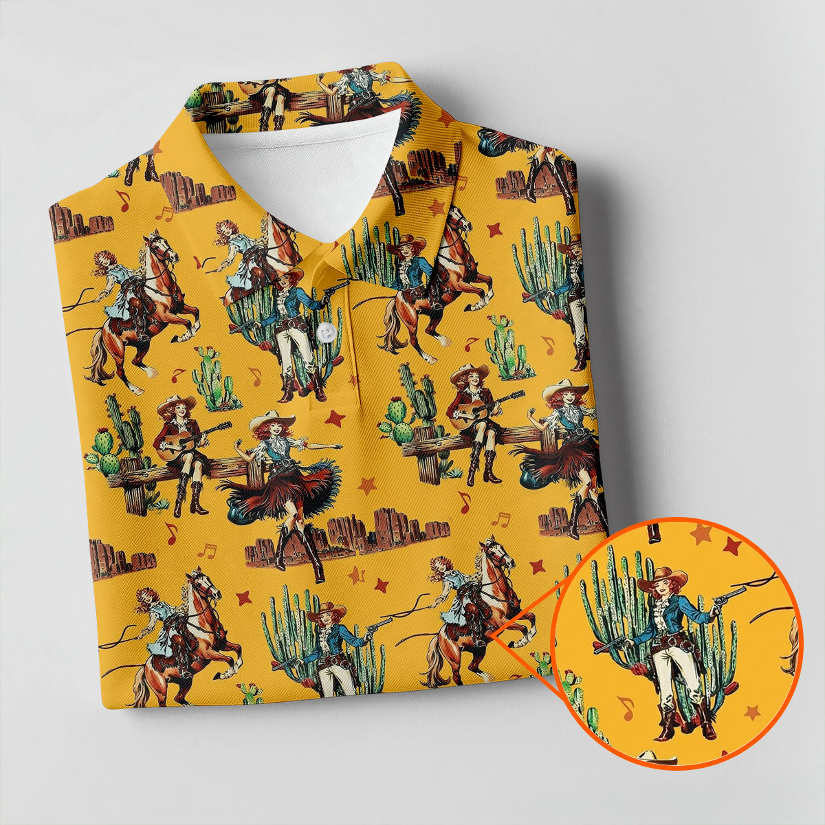 Yellow Cowboy Rodeo Desert Western Hawaiian Golf Shirt, Women's Golf Tops, Golf Polo For Women
