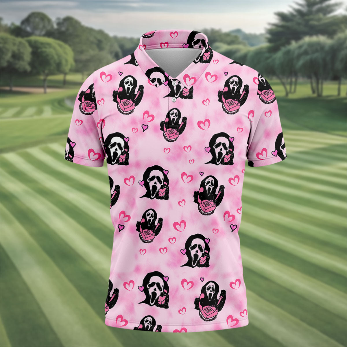 Pink Cute Ghost Caller Heart Pattern Halloween Golf Polo Shirt, Golf Apparel For Men