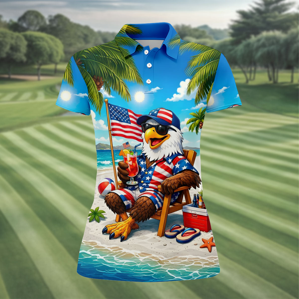 Funny Bald Eagle US Flag Pattern Hawaiian Golf Shirt, 250 Years Patriotic 4th Of July Golf Shirt For Women