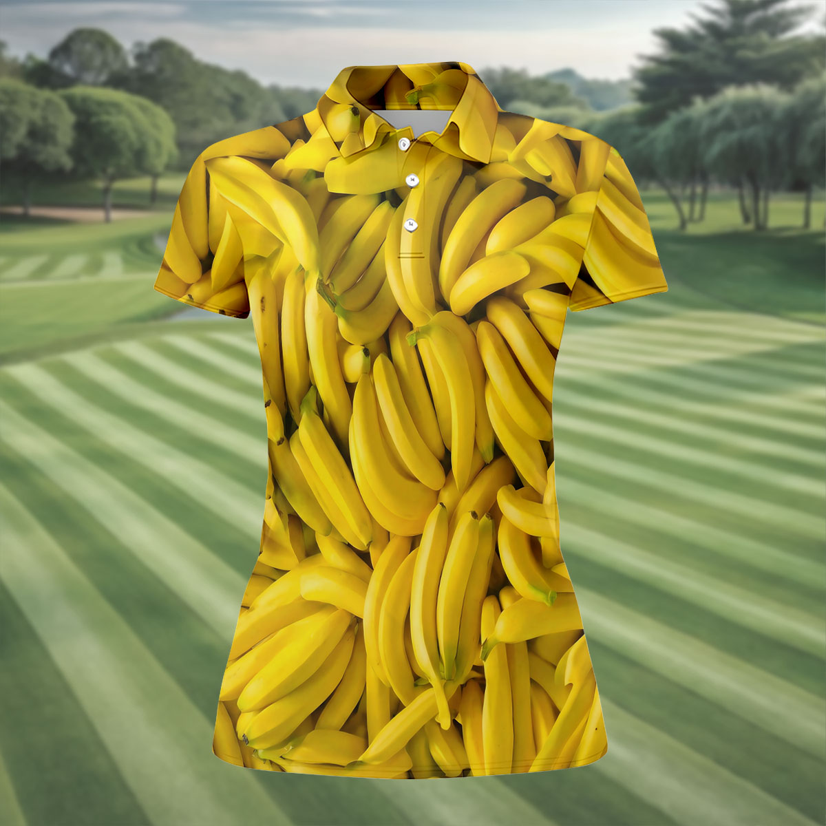 Realistic Banana Print Hawaiian Golf Shirt, Golf Tops For Women, Performance Golf Shirt