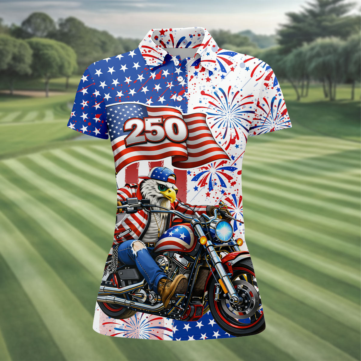 250 Years Eagle Motorcycle American Flag Golf Shirt, Patriotic 4th Of July Golf Shirt For Women