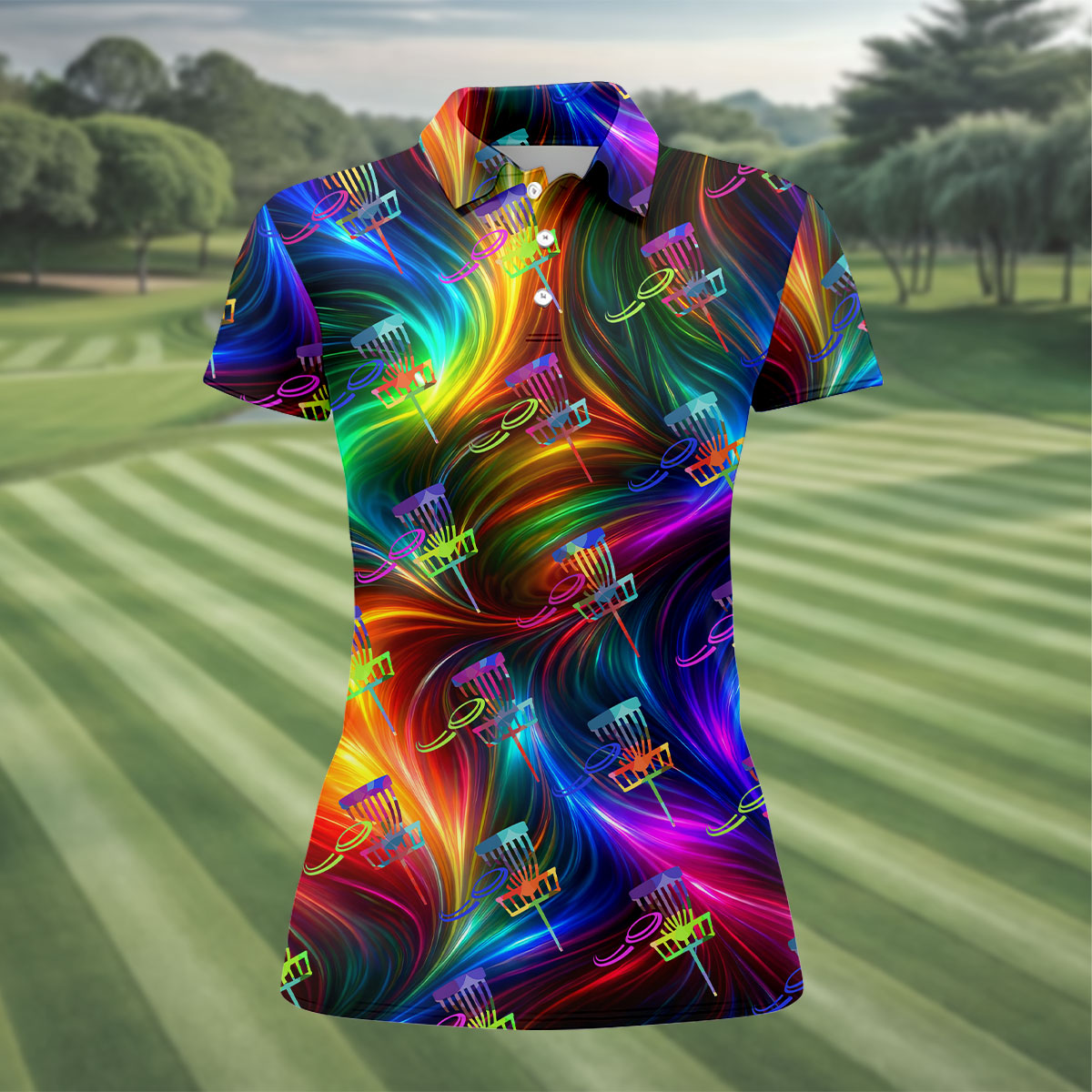 Colorful Disc Golf Basket Swirl Pattern Polo Shirt, Women’s Golf Tops, Hawaiian Golf Shirt, Performance Golf Shirt