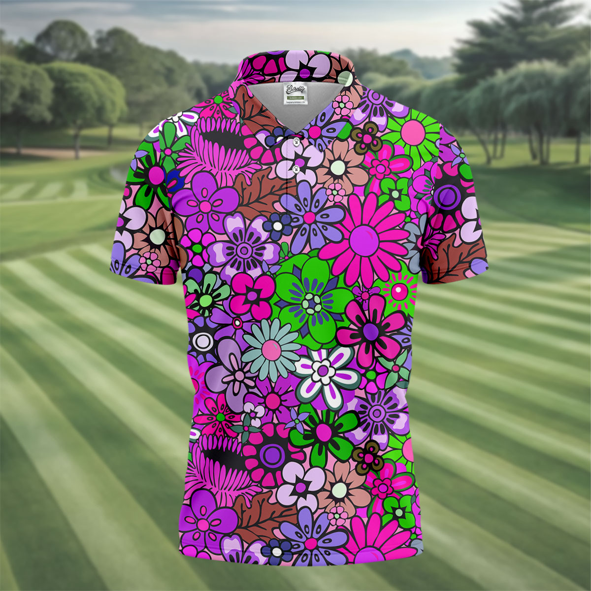 Pink Purple Retro Flower Power Golf Shirt, Mens Polo Shirts, Hawaiian Golf Shirt, Printed Golf Shirts