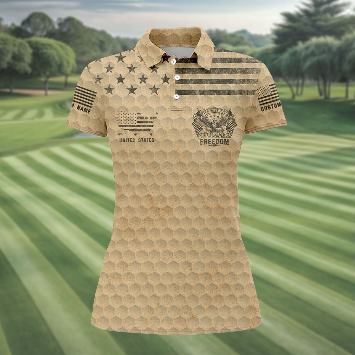 250 Years Of Freedom Distressed Golf Ball Pattern Patriotic Golf Shirt, 4th Of July Golf Shirt For Women