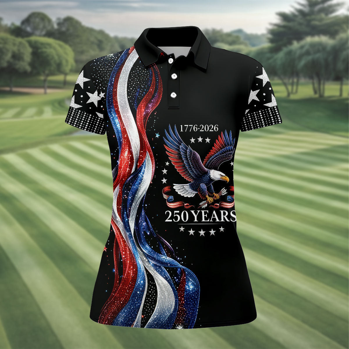 USA 250th Anniversary Bald Eagle Galaxy Art Golf Shirt, Patriotic 4th Of July Golf Shirt For Women