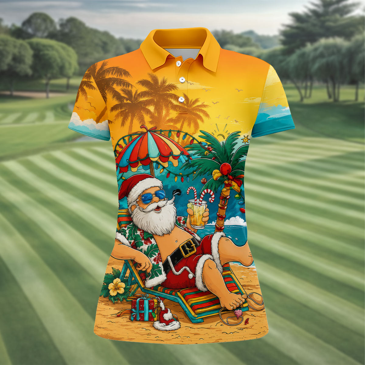 Beach Chair Santa Christmas Golf Shirt, Women's Golf Tops, Hawaiian Golf Shirt, Golf Shirts For Women