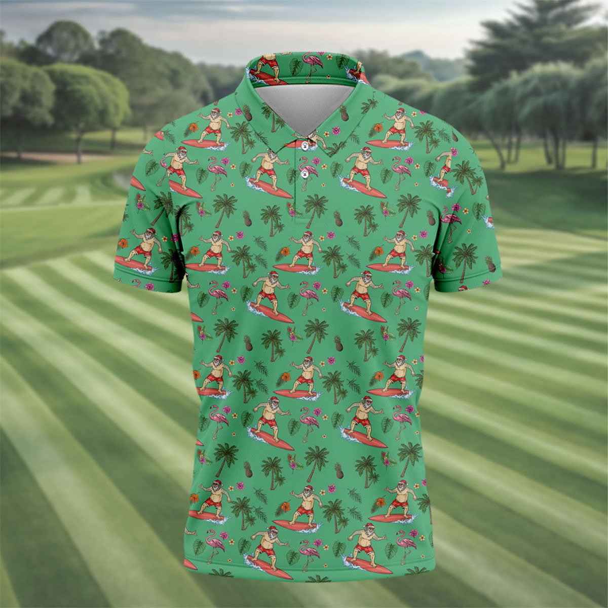 Santa Surfing Flamingo Tropical Golf Shirt, Christmas Golf Shirt, Golf Apparel For Men