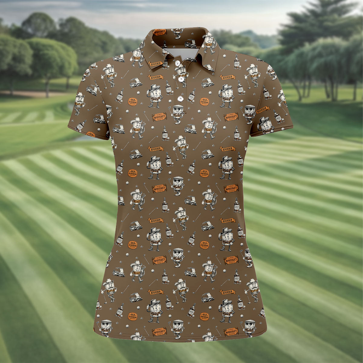 Funny Bourbon Whiskey Golf Pattern Polo Shirt, Women's Golf Polo, Printed Golf Shirt
