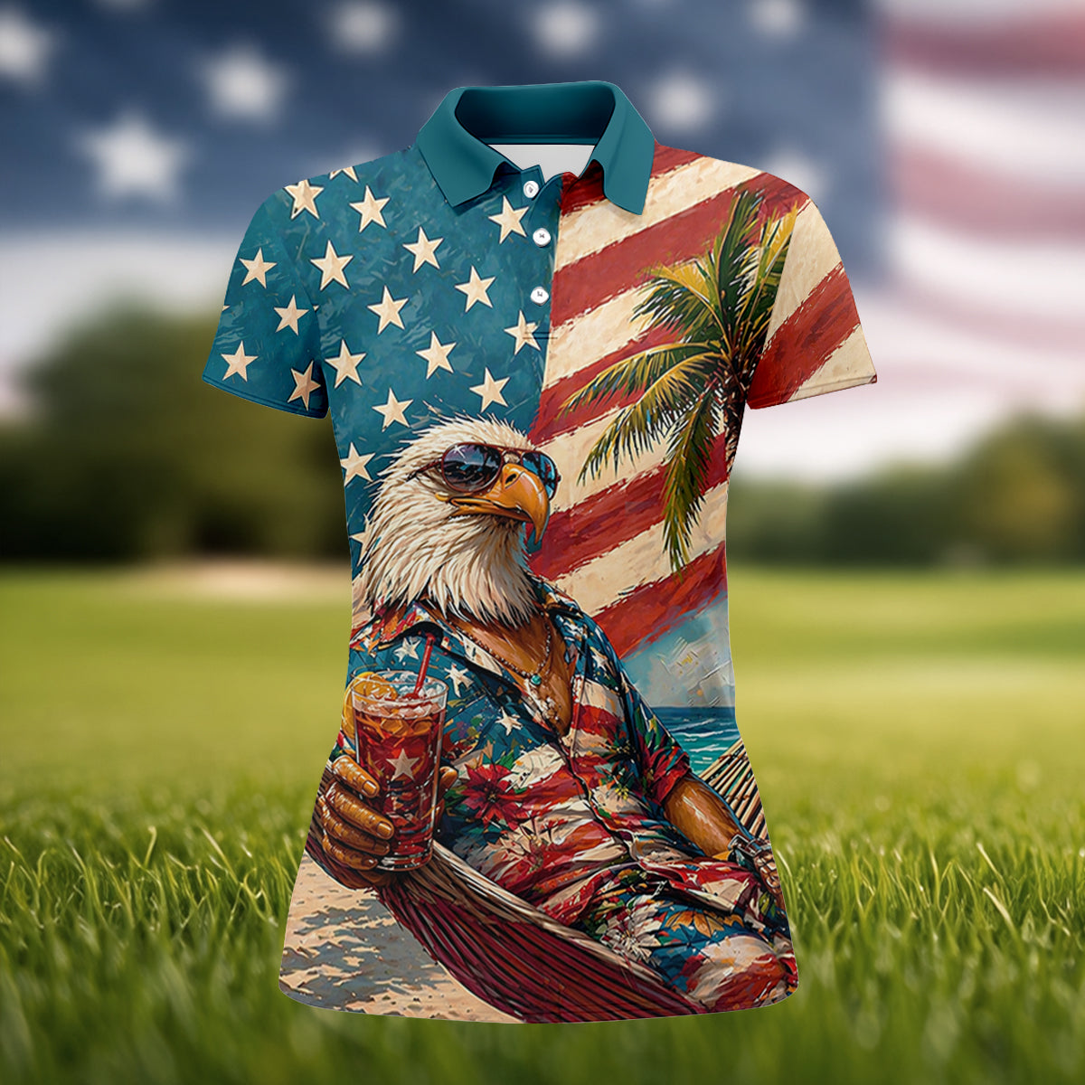 Cool Bald Eagle 250 Years American Flag Golf Shirt, Patriotic 4th Of July Golf Shirt For Women