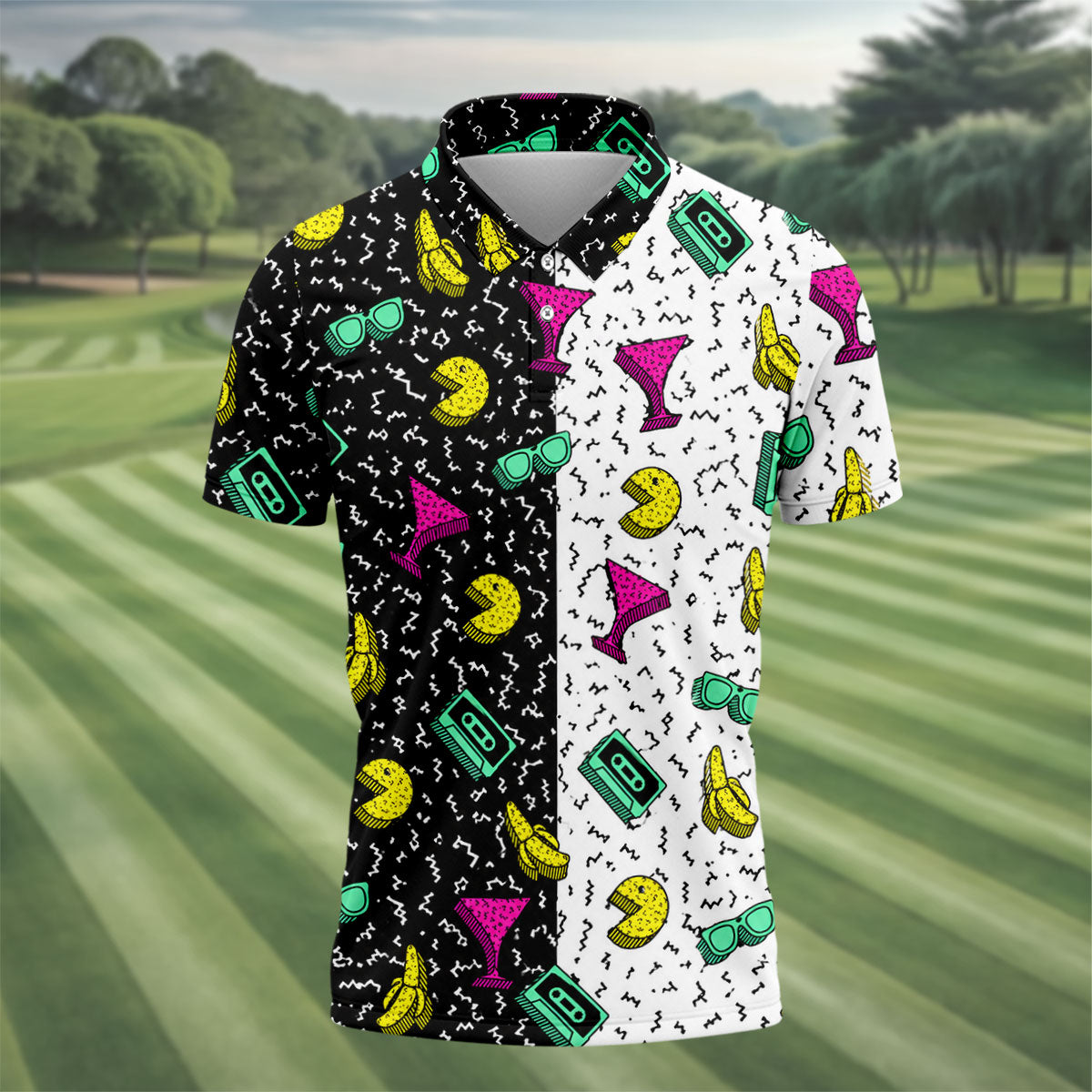 Retro Cassette Sunglasses Cocktail Banana Split Golf Shirt, Hawaiian Golf Shirt, Mens Golf Shirts, Golf Apparel For Men