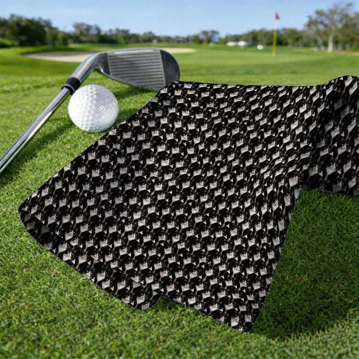 Funny Tuxedo Cat Golf Towels, Black White Cat Pattern Golf Towel, Crazy Cat Dad Golf Apparel
