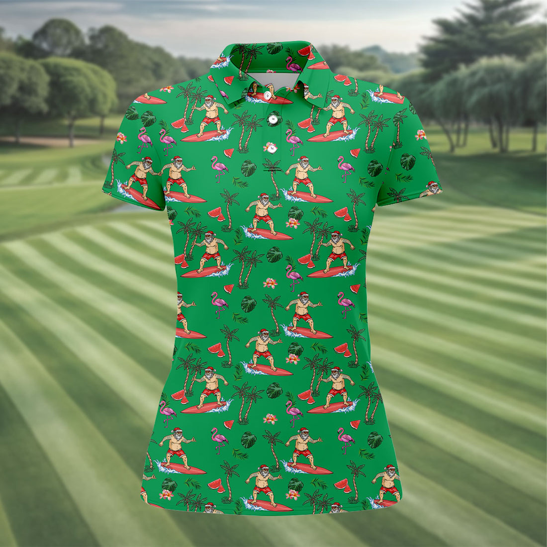 Surfing Santa Tropical Beach Golf Polo Shirt, Christmas Golf Shirt, Women’s Golf Apparel, Golf Polo For Women