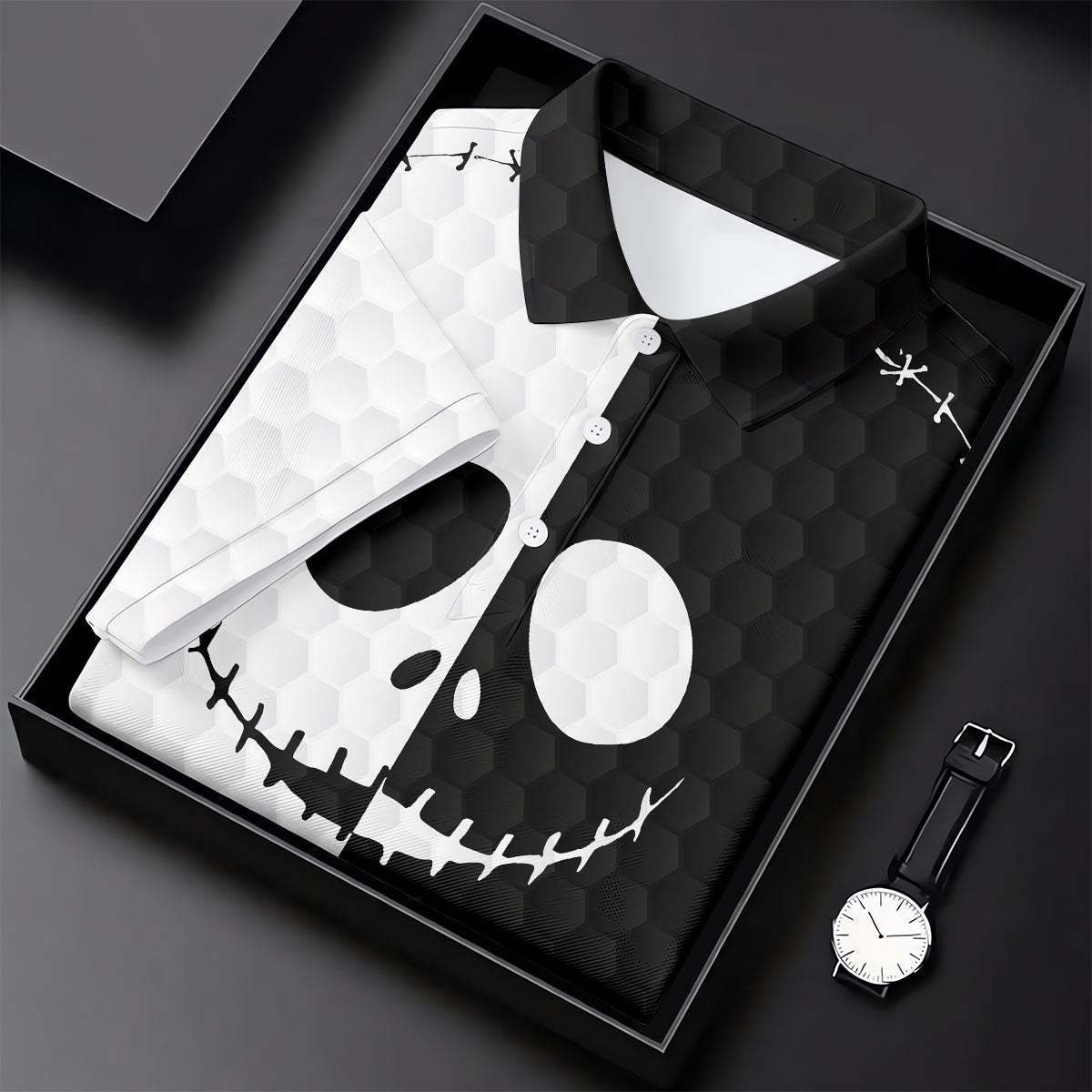 Black White Skull Face Halloween Golf Polo Shirt, Womens Golf Tops, Hawaiian Golf Shirt
