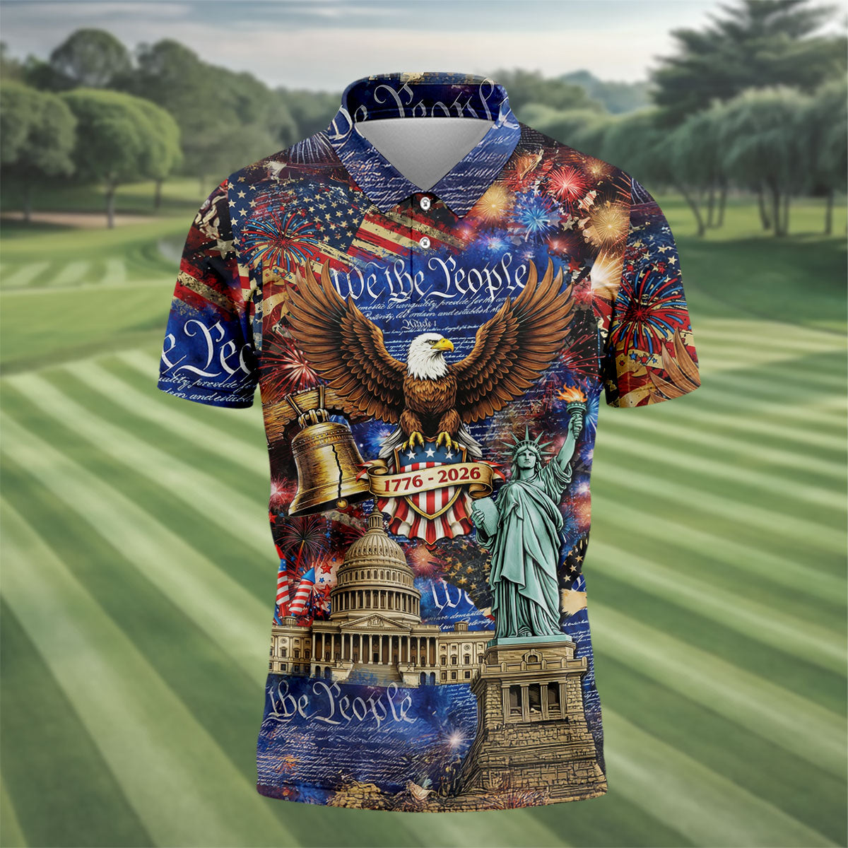 We The People Festive Celebration US Flag Golf Shirt, 250 Years 4th Of July Golf Shirts For Men
