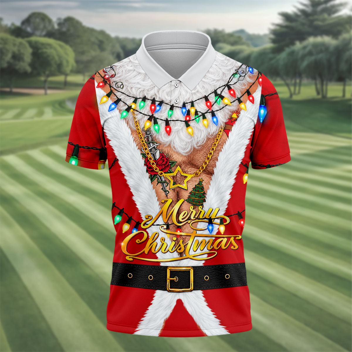 Merry Christmas Santa Lights Gold Chain Polo Shirt, Mens Golf Polo, Golf Shirts For Men