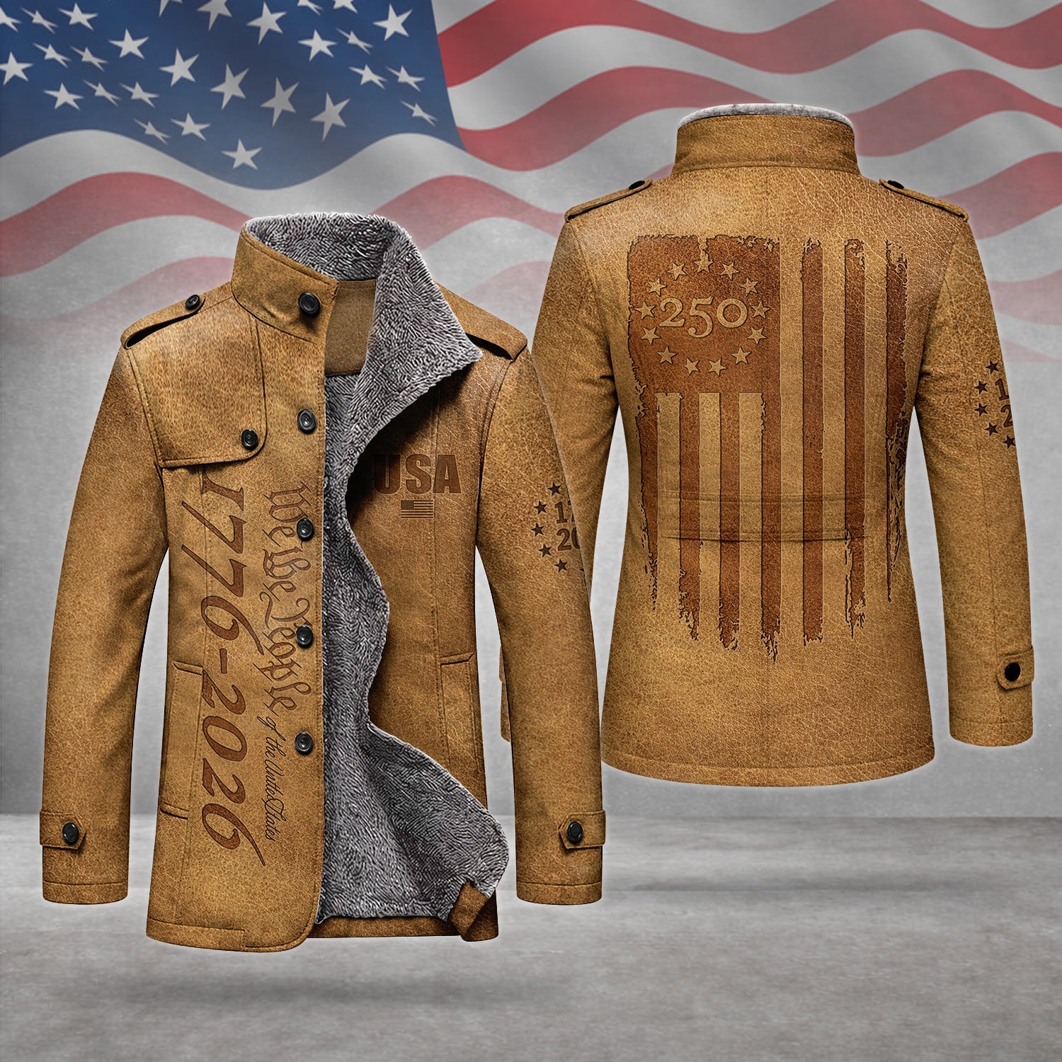 We The People 250 Years Silver Flag Men's Cold Premium Weather Jacket, Leather Trench Coat