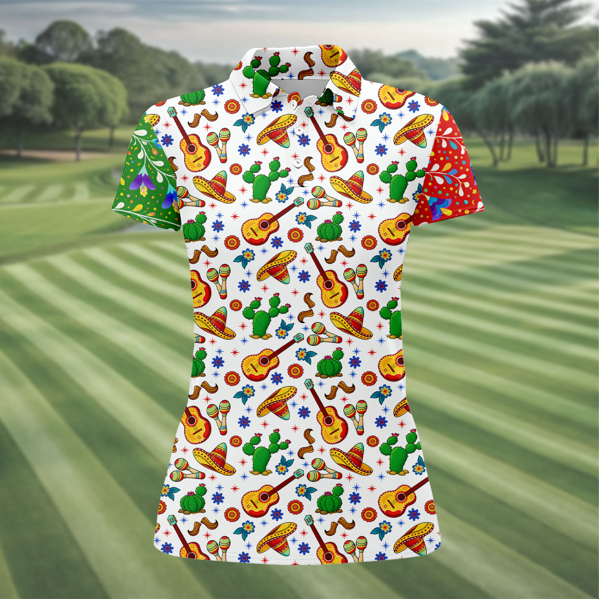 Mexican Party Seamless Pattern Ladies Golf Tops, Cinco De Mayo Celebration Golf Shirt For Women