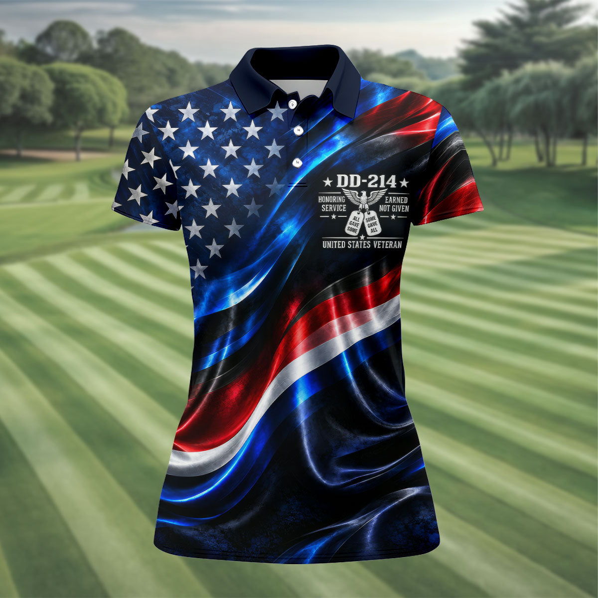 DD-214 Metallic USA Flag Golf Polo Shirt, Veterans Day Shirt, Golf Tops For Women