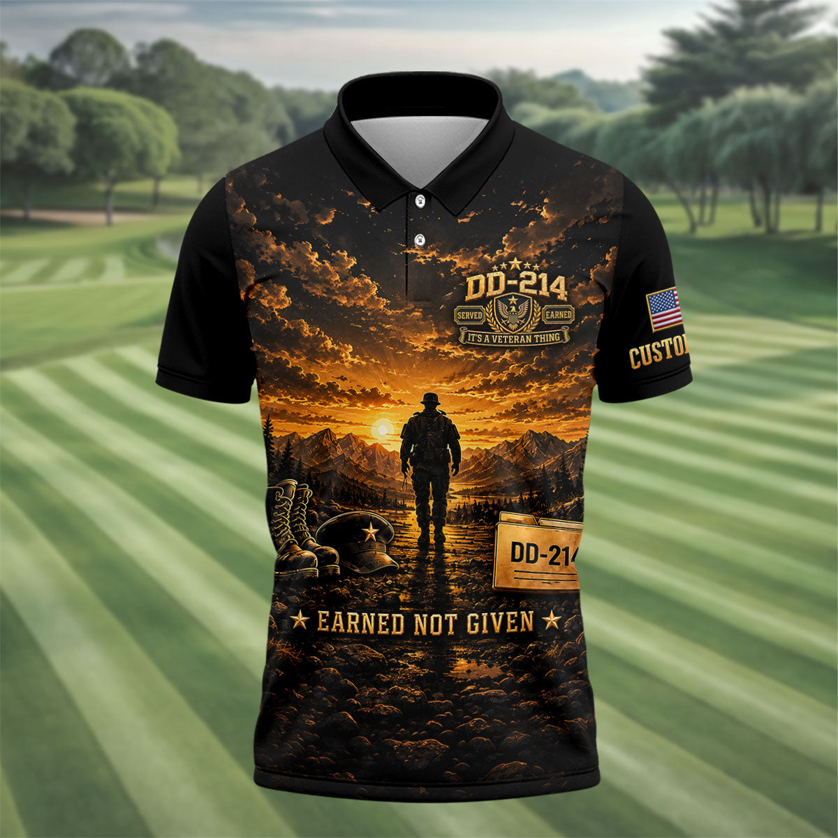 Custom DD-214 Sunset Soldier Golf Polo Shirt, Veterans Day Shirt, Mens Golf Shirts