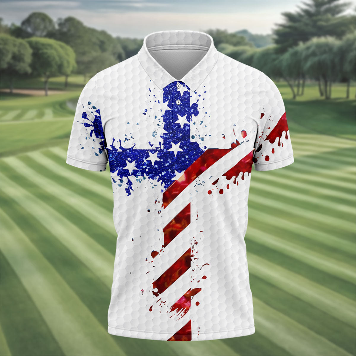 Red White Blue Paint Splash Faith Cross Patriotic Golf Shirt, 250 Years 4th Of July Golf Shirts For Men