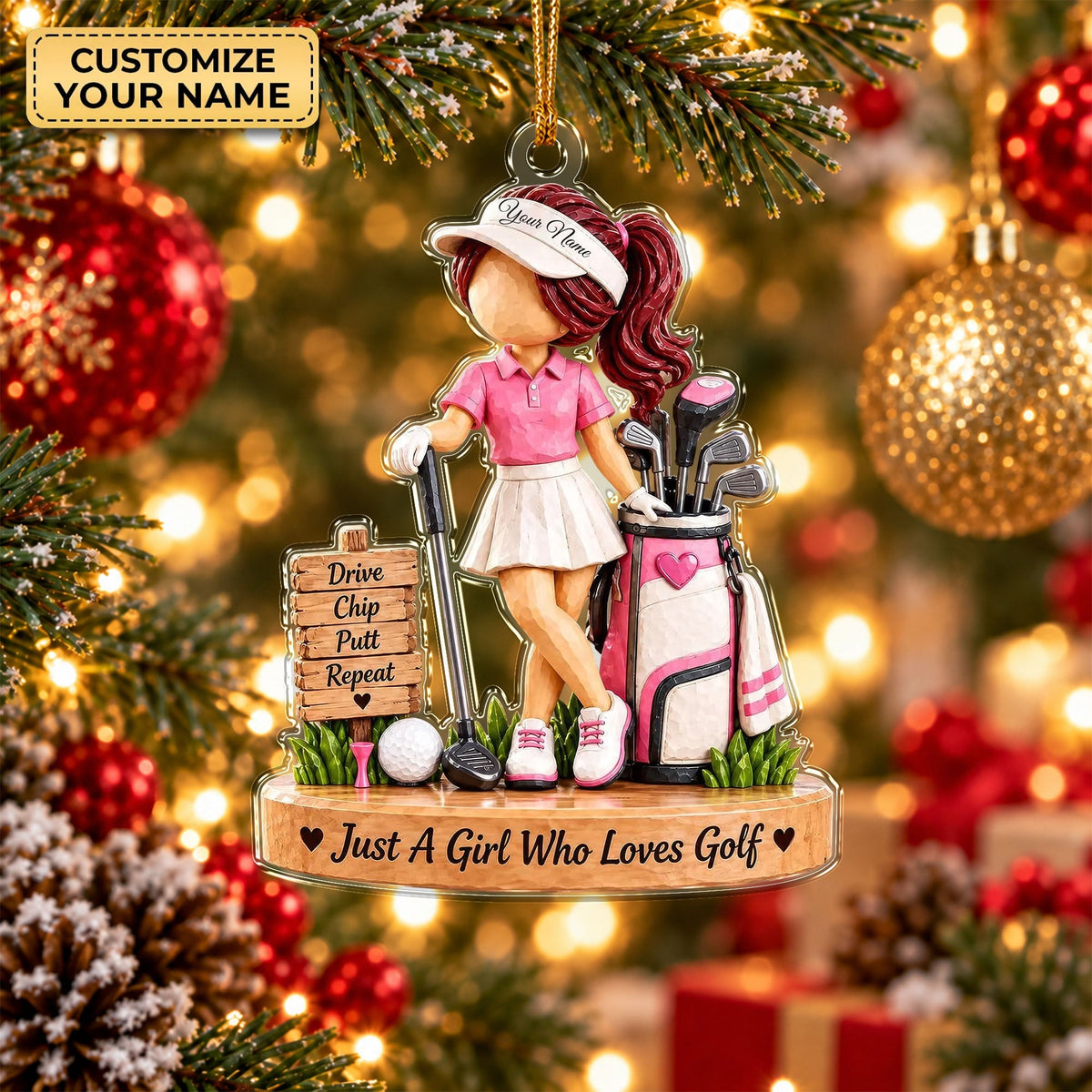 Custom Name Golf Girl Acrylic Ornament, Christmas Keepsake, Christmas Tree Decor