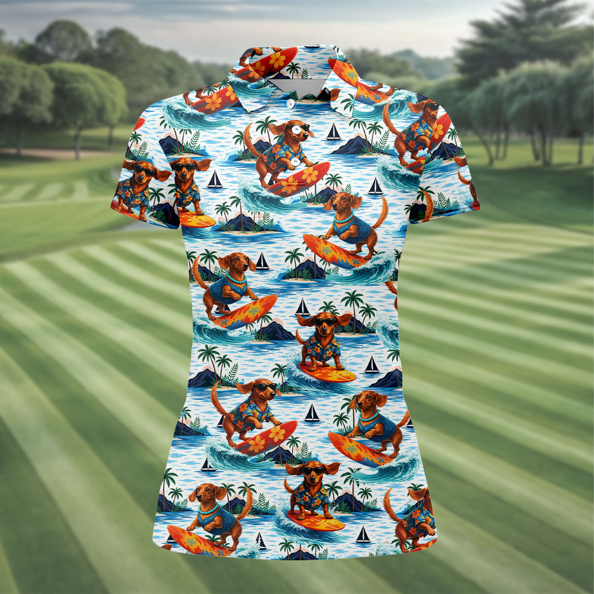 Funny Dachshund Surfing Beach Hawaiian Golf Shirt, Summer Vibe Golf Shirt For Women