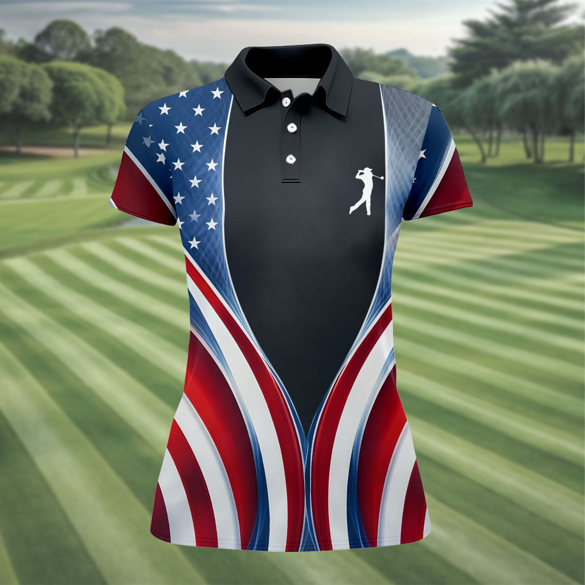 Red White Blue Wavy Stripes Patriotic Golf Shirt, 250 Years 4th Of July Golf Shirt For Women