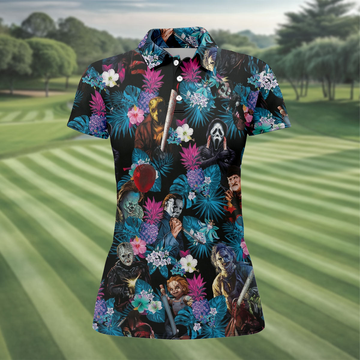 Tropical Horror Movie Villains Halloween Golf Polo Shirt, Golf Shirts For Women, Ladies Golf Tops