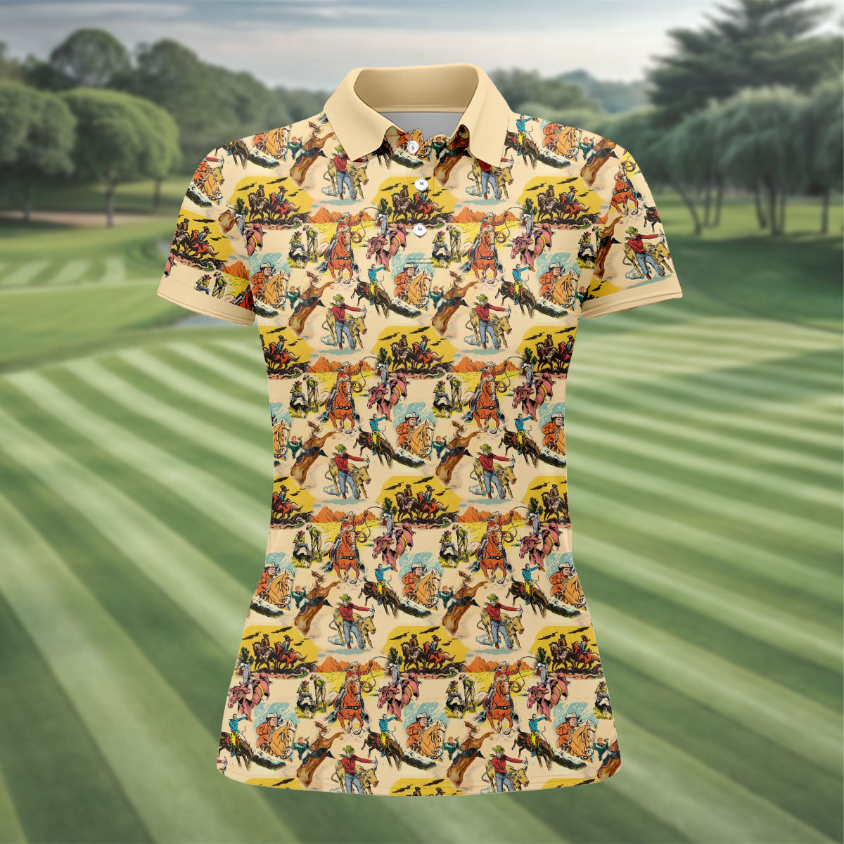 Vintage Cowboy Western Theme Old West Women Golf Top, Ladies Golf Shirts, Golf Shirt For Women