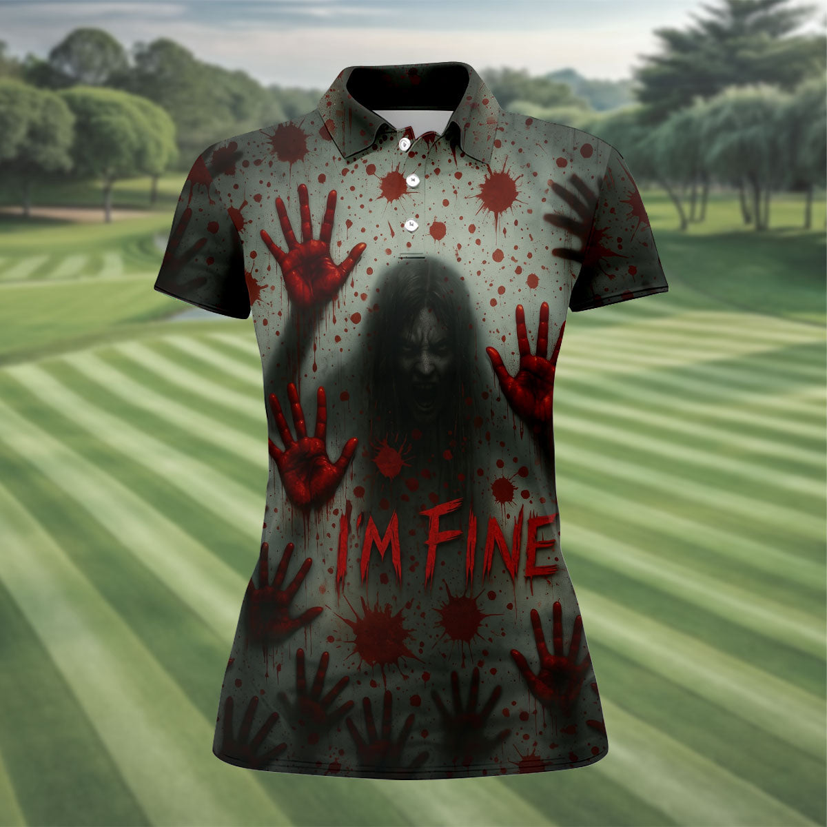 I'm Fine Horror Blood Hand Ghost Halloween Golf Polo Shirt For Women, Ladies Golf Tops