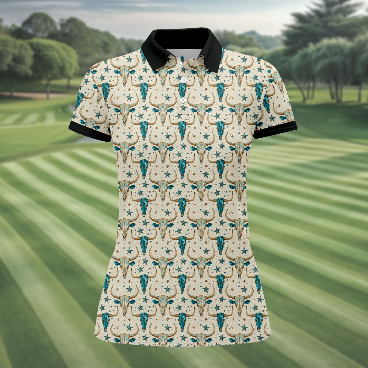 Cow Skulls Turquoise And Beige Western Theme Women Golf Top, Ladies Golf Shirts, Golf Shirt For Women