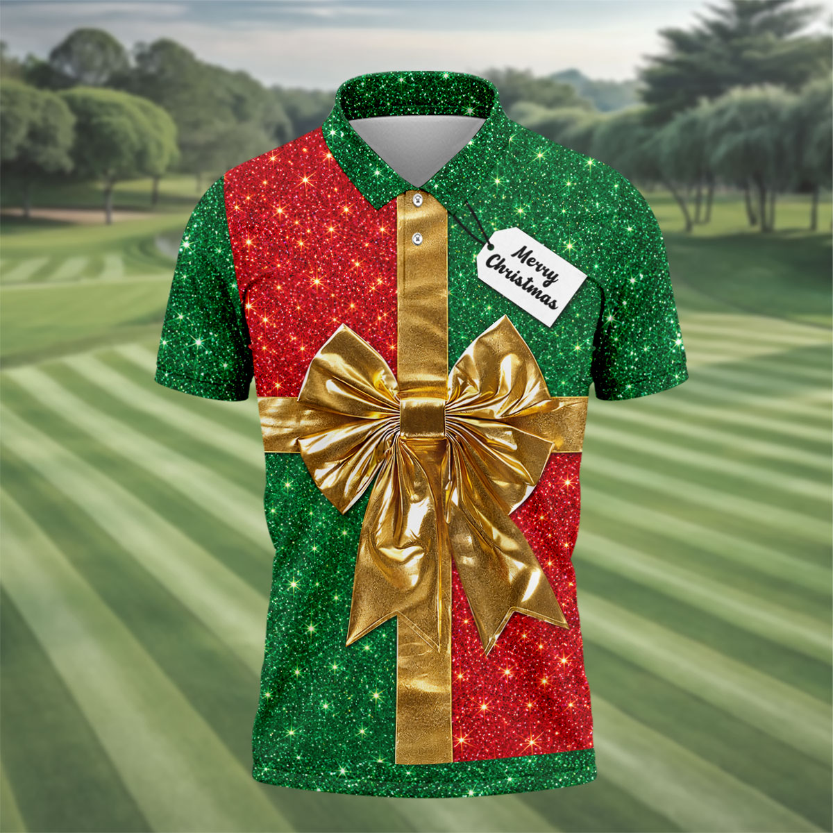 Merry Christmas Golden Gift Bow Golf Polo Shirt, Mens Golf Shirts, Polo Shirts For Men